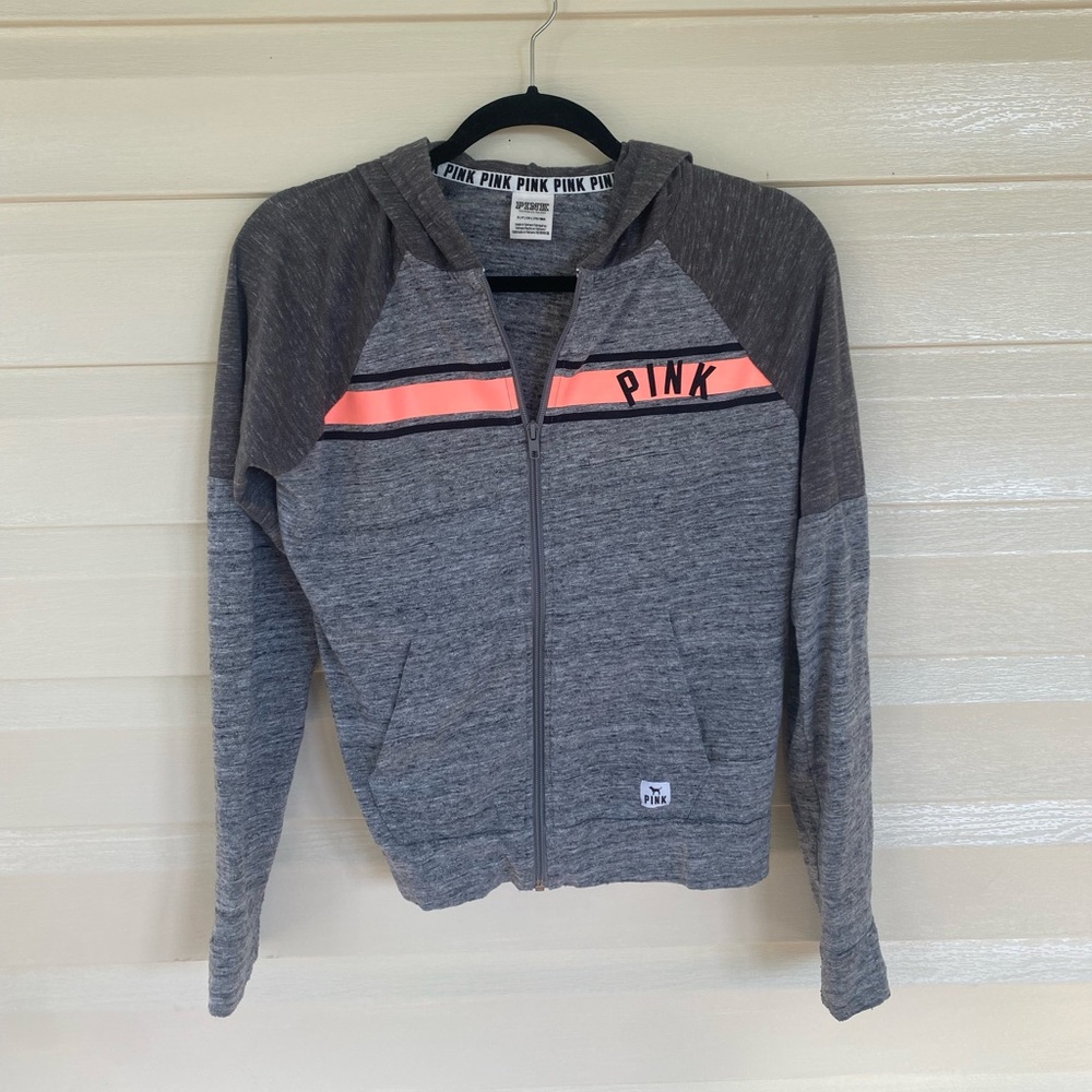 VS Pink Grey Sweatshirt with peach stripe zip up size small